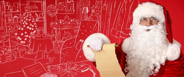 Santa Claus with scroll and drawn living room on red background