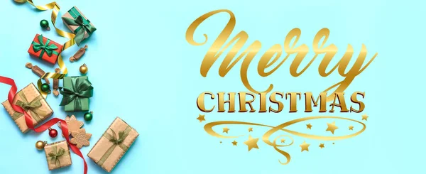 Banner for Christmas with many gift boxes and decor on light blue background