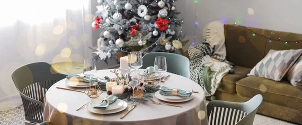 Romantico Tavolo Apparecchiato Cena Natale Casa — Foto Stock