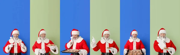 Set Santa Con Galletas Dulces Jengibre Sobre Fondo Color —  Fotos de Stock