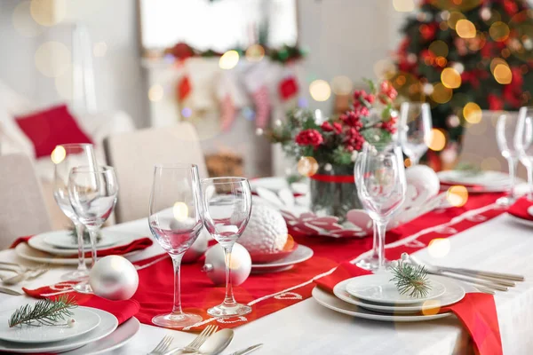 Schöne Tischdekoration Für Das Weihnachtsessen Hause — Stockfoto