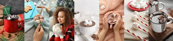 Julsamling Ung Kvinna Med Söt Kakao Dryck Koppar Och Marshmallows — Stockfoto