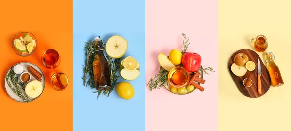 Collage Met Vers Appelsap Kleurrijke Achtergrond Bovenaanzicht — Stockfoto