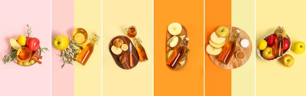Collage Med Färsk Äppeljuice Färgglad Bakgrund Platt Låg — Stockfoto