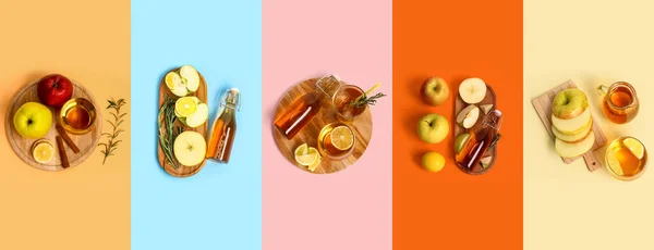 Collage Fresh Apple Juice Colorful Background Top View — Stock Photo, Image