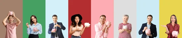 Gruppe Verschiedener Menschen Mit Sparschweinen Auf Farbigem Hintergrund — Stockfoto