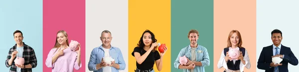 Collage Different People Piggy Banks Color Background — Stock Photo, Image
