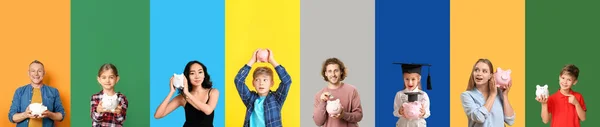 色の背景に貯金箱を持つ異なる人々のセット — ストック写真