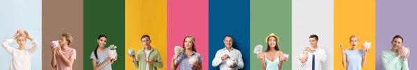 Collage Van Mensen Met Spaarvarken Banken Kleur Achtergrond — Stockfoto