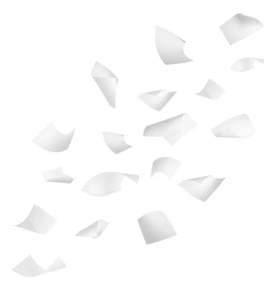 Beyaz Arkaplanda Birçok Uçan Kağıt Tabaka — Stok fotoğraf
