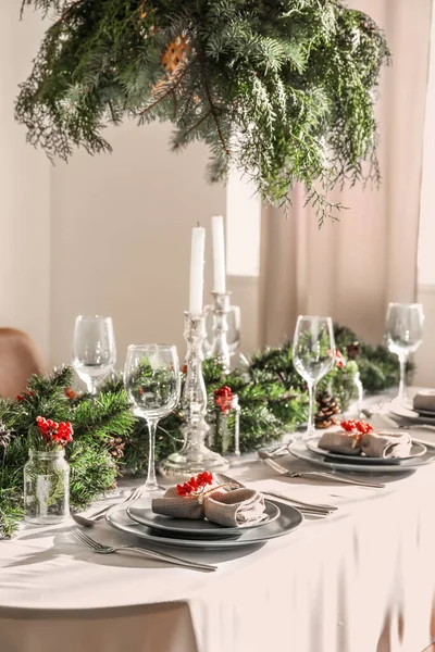 Christmas Table Setting Fir Branches Rowan Dining Room — Stock Photo, Image