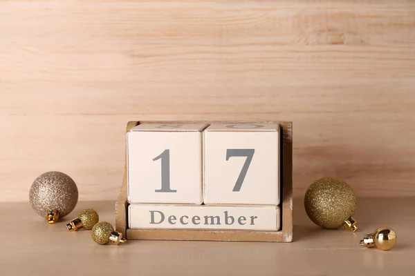 Cube Calendar Date December Christmas Balls Wooden Background — Stock Photo, Image