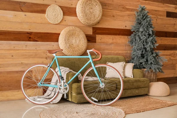 Interior Living Room Bicycle Green Sofa Christmas Tree — Stock Photo, Image
