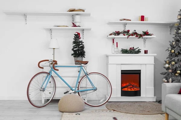 Interior Living Room Christmas Tree Fireplace Bicycle — Stock Photo, Image