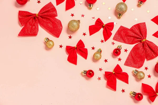 Composition Beautiful Christmas Balls Bows Sequins Pink Background — Stock Photo, Image