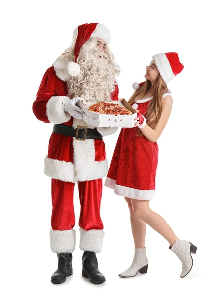 Young Couple Santa Costumes Holding Box Tasty Pizza White Background — Stock Photo, Image