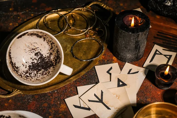 Cup Spent Coffee Grounds Runes Fortune Telling Table — Stock Photo, Image