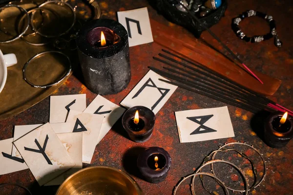 Runes Fortune Telling Candles Table — Stock Photo, Image