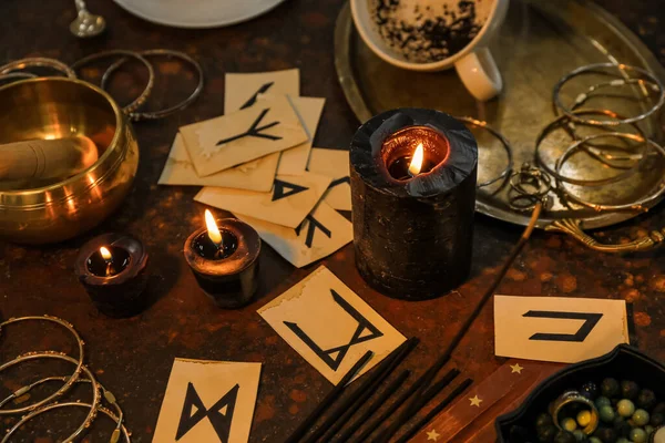 Magic Attributes Fortune Teller Runes Candles Table — Stock Photo, Image