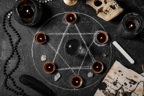 Magic Attributes Ritual Dark Table — Stock Photo, Image