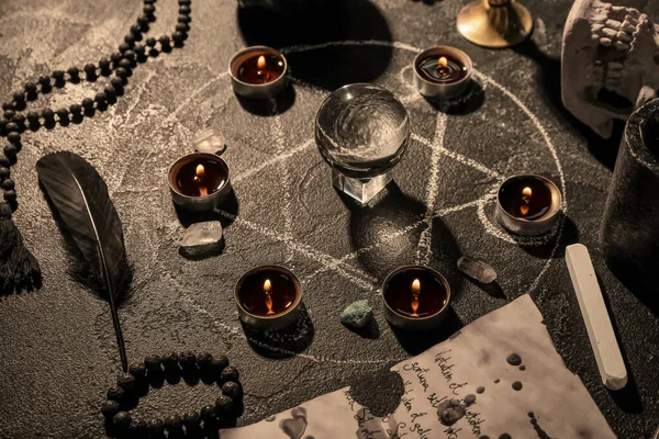 Magic Attributes Ritual Dark Table — Stock Photo, Image