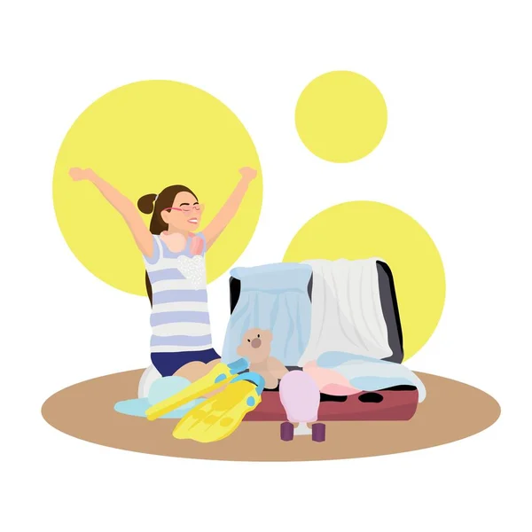 快乐的年轻女子打开手提箱 在白色背景下度假 — 图库矢量图片