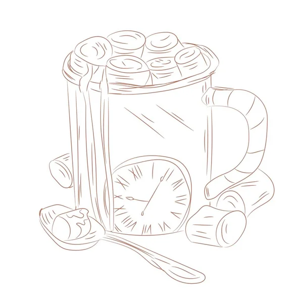 Sketch Mug Tasty Hot Chocolate Marshmallows White Background — Stock Vector