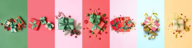 Bir sürü Noel hediyesi kutusu ve renkli arka planda dekoru olan kolaj, üst görünüm