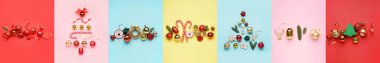 Renk arkaplanı üzerine Noel süslemeleri kolajı