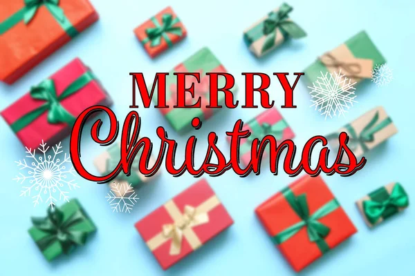 Greeting Card Christmas Many Gift Boxes Light Blue Background — Stock Photo, Image