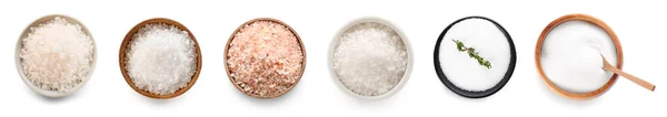 白い背景に塩の異なるボウルのコラージュ トップビュー — ストック写真