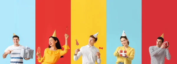 Collage Van Zorgeloze Mensen Vieren Verjaardag Kleur Achtergrond — Stockfoto