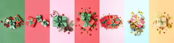 Collage Many Christmas Gift Boxes Decor Colorful Background Top View — Stock Photo, Image