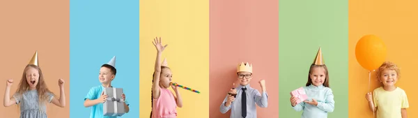 Bir Grup Mutlu Çocuk Doğum Gününü Renk Arka Planında Kutluyor — Stok fotoğraf