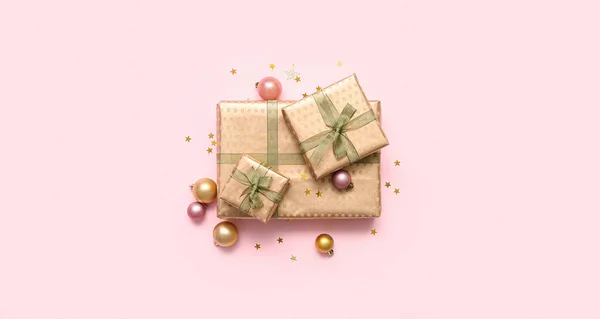 Gift Boxes Christmas Balls Pink Background — Stock Photo, Image