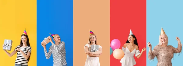 Συλλογή Από Χαρούμενους Ανθρώπους Γιορτάζει Γενέθλια Στο Φόντο Χρώμα — Φωτογραφία Αρχείου