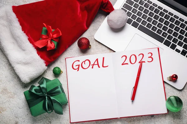 Notebook Blank List Year 2023 Gift Santa Hat Laptop Light — Stock Photo, Image