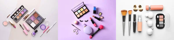 Collage Modern Makeup Cosmetics Products Color Background Top View — Stock Photo, Image