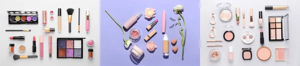 Grupa Nowoczesnych Kosmetyków Makijażu Tle Koloru Widok Góry — Zdjęcie stockowe