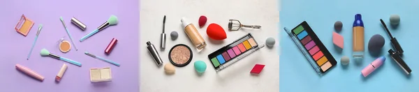 Collage Productos Cosméticos Maquillaje Moda Fondo Color Vista Superior — Foto de Stock