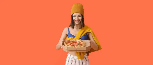 Beautiful Woman Tasty Pizza Orange Background — Stock Photo, Image