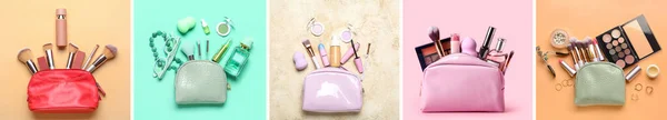 Set Tas Dengan Kosmetik Makeup Pada Latar Belakang Warna — Stok Foto