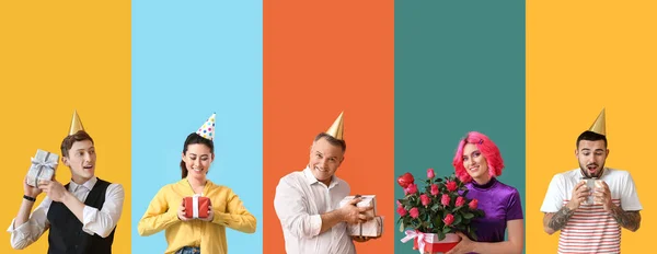 Set Boldog Emberek Ünneplő Születésnap Színes Háttér — Stock Fotó