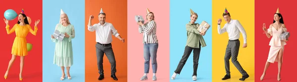 Collage Van Gelukkige Mensen Vieren Verjaardag Kleur Achtergrond — Stockfoto