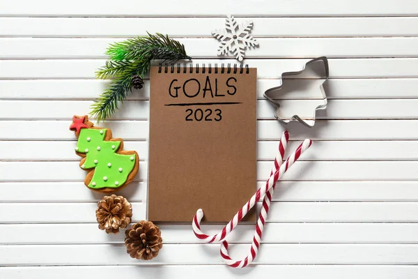 Notebook Blank List Year 2023 Christmas Decor White Wooden Background — Stock Photo, Image