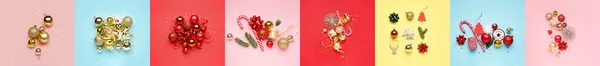 Праздничная Коллекция Рождественских Украшений Цветном Фоне — стоковое фото
