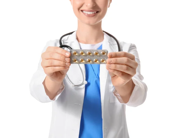 stock image Female doctor with vitamins on white background, closeup