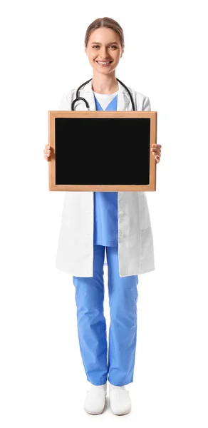 Female Doctor Chalkboard White Background — Stock Photo, Image