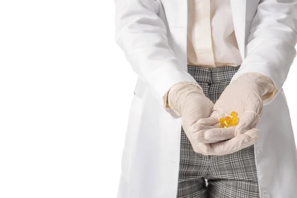 Ärztin Mit Vitaminen Auf Weißem Hintergrund Nahaufnahme — Stockfoto