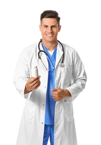 Médico Masculino Com Frasco Vitamina Sobre Fundo Branco — Fotografia de Stock